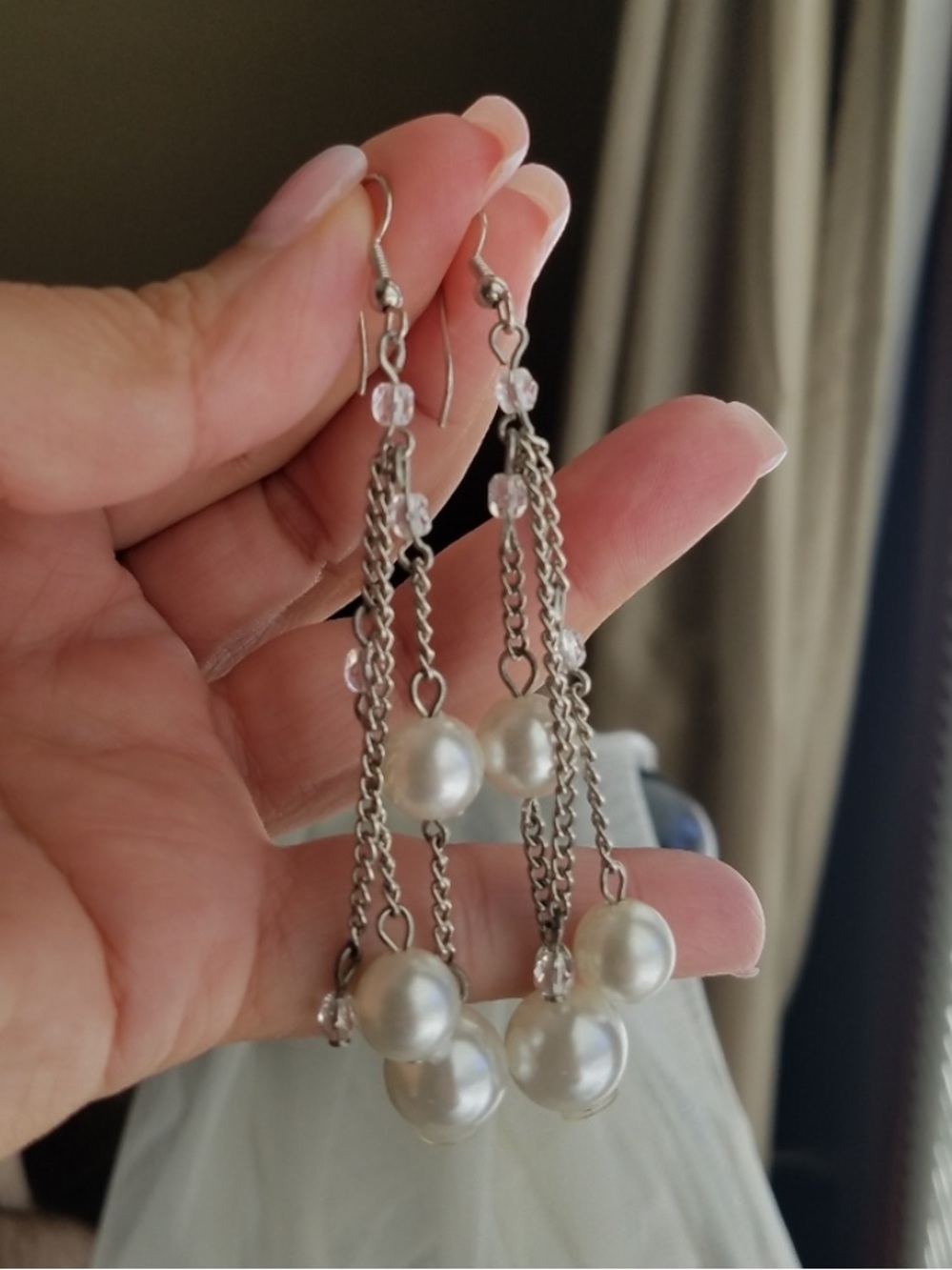 Faux Pearl & Crystal Multi-strand Long Earrings